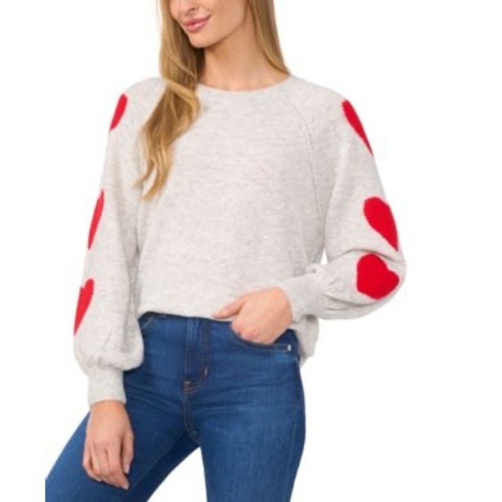 CeCe | Heart Print Raglan Sweater Medium Gray Valentine's Crewneck Pullover - Picture 1 of 11